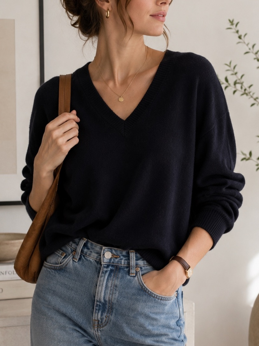 Braemar Scotland 100% Pure New Wool V-Neck Sweater Women’s Oversized Black Navy